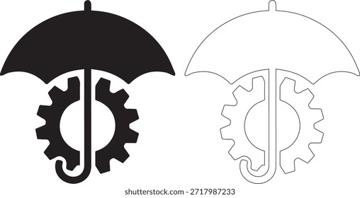 Conjunto de ilustraciones en blanco y negro con paraguas con diseños de engranajes, incluidas versiones sólidas y delineadas, sobre un fondo blanco puro