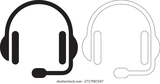 Conjunto de ilustraciones en blanco y negro con paraguas con diseños de engranajes y auriculares con micrófonos, incluidas versiones sólidas y delineadas, sobre un fondo blanco puro