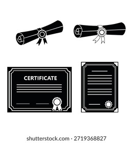 Set of black and white illustrations featuring diploma certificates and scrolls with ribbons, presented on a clean white background, ideal for educational or award concepts