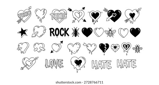Eine Reihe schwarz-weißer Illustrationen mit Herzen, Liebe, Hass, Rock und Insektenmotiven in verschiedenen Stilen