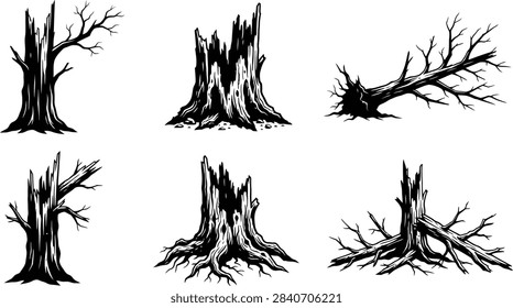 A set of black and white illustrations featuring various dead trees, stumps, and fallen logs isolated on a white background.