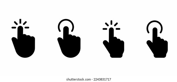 Set of black and white illustrations of finger cursor icon for computer. Stock vector.