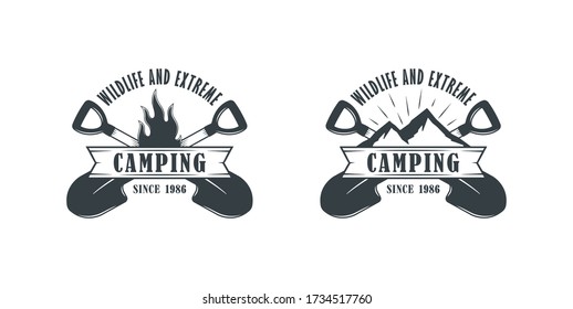 Set of black and white illustrations of fire, mountains, crossed shovels and ribbon with text on a white background. Vector illustration advertises extreme wildlife vacations. Wild tourism.