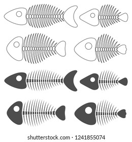 Set of black and white illustrations with fish skeletons. Isolated vector objects on white background.