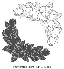Set of black and white illustrations of flowering magnolia branches. Isolated vector objects on white background.