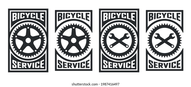 Set of black and white illustrations of gear, crossed wrenches and text on the background. Vector illustration in vintage style for poster, emblem, sticker, label, badge. Bicycle service. Workshop.