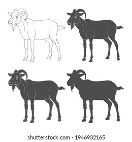 Set of black and white illustrations with a goat. Isolated vector objects on a white background.
