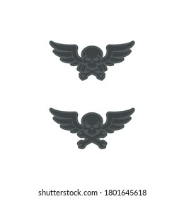 Set of black and white illustrations with a grunge texture skull, wrenches, crossed pistons, wings on a white background. Vector illustration in vintage style. Biker club logo. American motorcycle emb