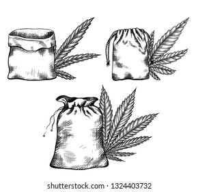 Set of black and white illustrations of hand drawn canvas bags with leaves of marijuana with hatching.  Vector engraiving element for menus, recipes, articles and your design.