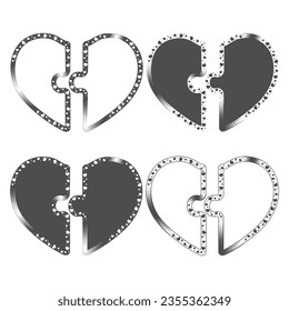 Set of black and white illustrations with heart sign made from puzzle pieces. Isolated vector objects on white background.