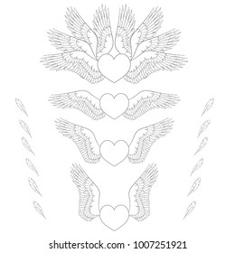 Set of black and white illustrations of hearts with wings. Isolated vector objects on white background.