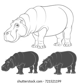 Set of black and white illustrations with a hippopotamus. Isolated vector objects on white background.