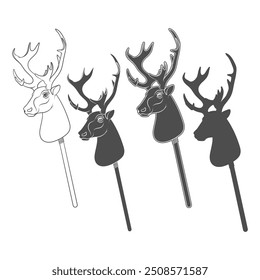 Set of black and white illustrations with hobby horse deer toy on stick. Isolated vector objects on white background.