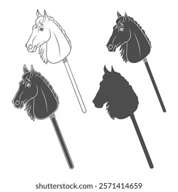 Set of black and white illustrations with hobby horse toy on stick. Isolated vector objects on white background.