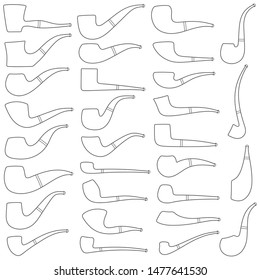 Set of black and white illustrations with the image of smoking pipes of different shapes and types. Isolated vector objects on a white background.