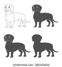Set of black and white illustrations with the image of a dachshund dog. Isolated vector objects on a white background.