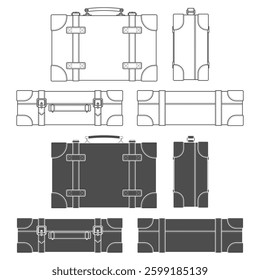 Set of black and white illustrations with leather retro suitcase, case. Isolated vector objects on white background.