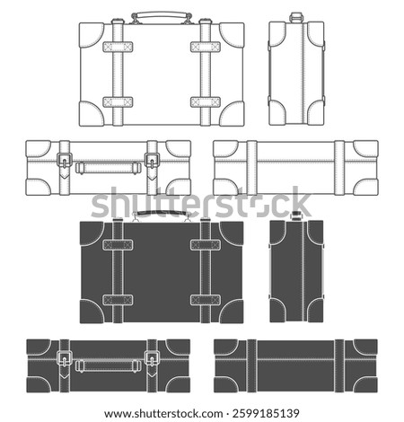 Set of black and white illustrations with leather retro suitcase, case. Isolated vector objects on white background.