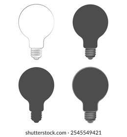 Conjunto de ilustraciones en blanco y negro bombilla. Objetos aislados del vector en el fondo blanco.