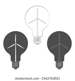 Set of black and white illustrations light bulb with wind turbine, windmill. Isolated vector objects on white background.