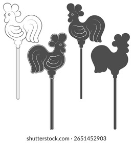 Set of black and white illustrations with lollipop cockerel on stick. Isolated vector objects on white background.