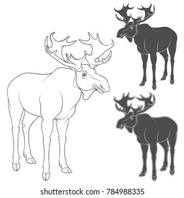 Set of black and white illustrations with moose, elk. Isolated vector objects on white background.