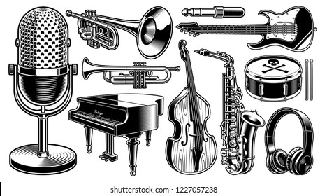 Set of black and white illustrations of musical instruments isolated on the white background.