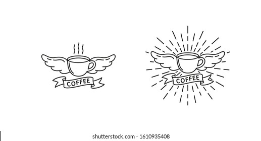Set of black and white illustrations on a white background. Vector illustration of a cup with coffee, wings with rays and a ribbon with text. Illustration advertising coffee drinks.