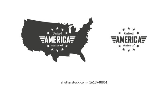 Set of black and white illustrations on a white background. Vector illustration map of USA, stars and text with wings.