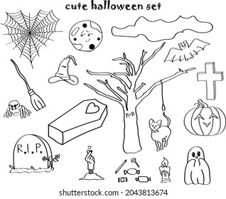 a set of black and white illustrations on the theme of Halloween in October, including a grave, a spider, a spider web, a ghost, candy, a tree, a cat, a pumpkin, a bat