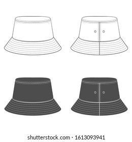 Set of black and white illustrations with a panama hat. Isolated vector objects on a white background.
