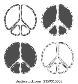 Set of black and white illustrations with peace sign. Isolated vector objects on white background.