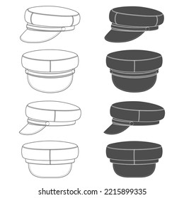 Set of black and white illustrations with peaked cap, forage cap. Isolated vector objects on white background.