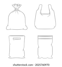 Set of black and white illustrations with plastic packages, bags. Isolated vector objects on a white background.