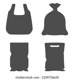 Set of black and white illustrations with plastic packages, bags. Isolated vector objects on a white background.