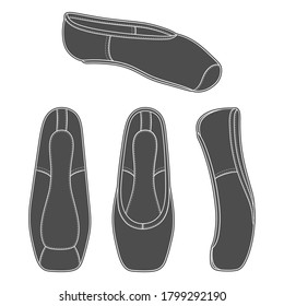 Set of black and white illustrations with pointe shoes, ballet shoes. Isolated vector objects on a white background.