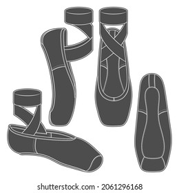 Set of black and white illustrations with pointe shoes, ballet shoes. Isolated vector objects on a white background.