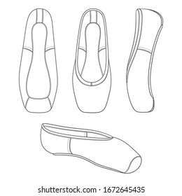 Set of black and white illustrations with pointed shoes, ballet shoes. Isolated vector objects on a white background.