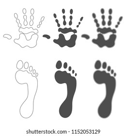 Set of black and white illustrations with prints of hands and feet. Isolated vector objects on white background.
