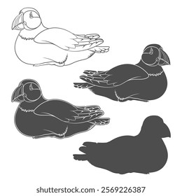 Set of black and white illustrations with puffin bird. Isolated vector objects on a white background.