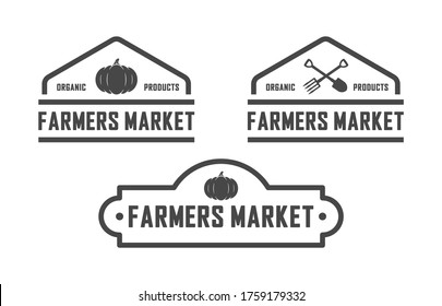 Set of black and white illustrations of pumpkin, crossed pitchfork and shovel, text on a white background. Vector illustration advertises farm food. Text logo farm market.