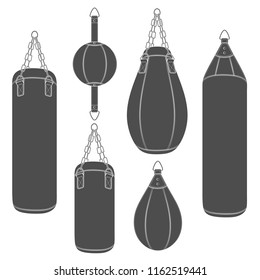 Set of black and white illustrations with punching bag, boxing pears. Isolated vector objects on white background.