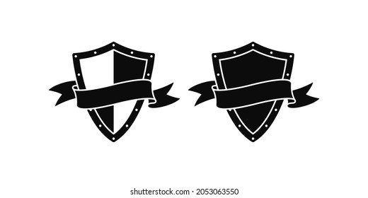 Set of black and white illustrations of shield, ribbon on a white background. Design element for emblem, label, badge and sticker. Vector illustration. Symbolism. Heraldry.