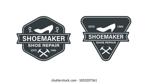 Set of black and white illustrations of shoes, crossed hammers, patterns, text on a white background. Vector illustration for logo, emblems, stickers. Shoemaker's workshop. Shoemaker repair services.