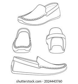 Set black   white illustrations and shoes  moccasins  Isolated vector objects white background 