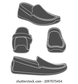 Set of black and white illustrations with shoes, moccasins. Isolated vector objects on a white background.