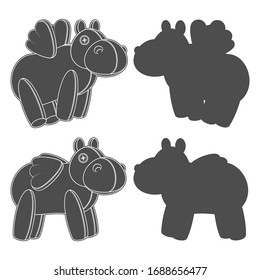 Set of black and white illustrations, silhouettes with a toy hippo with wings. Isolated vector objects on a white background.