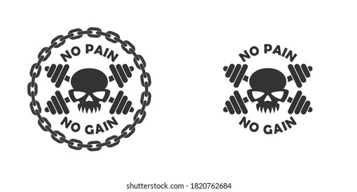 Conjunto de ilustraciones en blanco y negro de cráneo, campanas, cadena y texto sobre un fondo blanco. Ilustración vectorial sobre un tema deportivo. Ilustración de etiquetas y emblemas. Logo del gimnasio. 