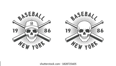 Set of black and white illustrations of a skull, baseball cap, crossed bats, text on a white background. Vector illustration for logo, emblem, print. Illustration on a baseball theme.
