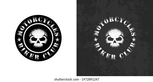 Set of black and white illustrations of a skull, text, stars on a background with a grunge texture. Vector illustration in vintage style for print, sticker, label and badge. Biker club symbols.
